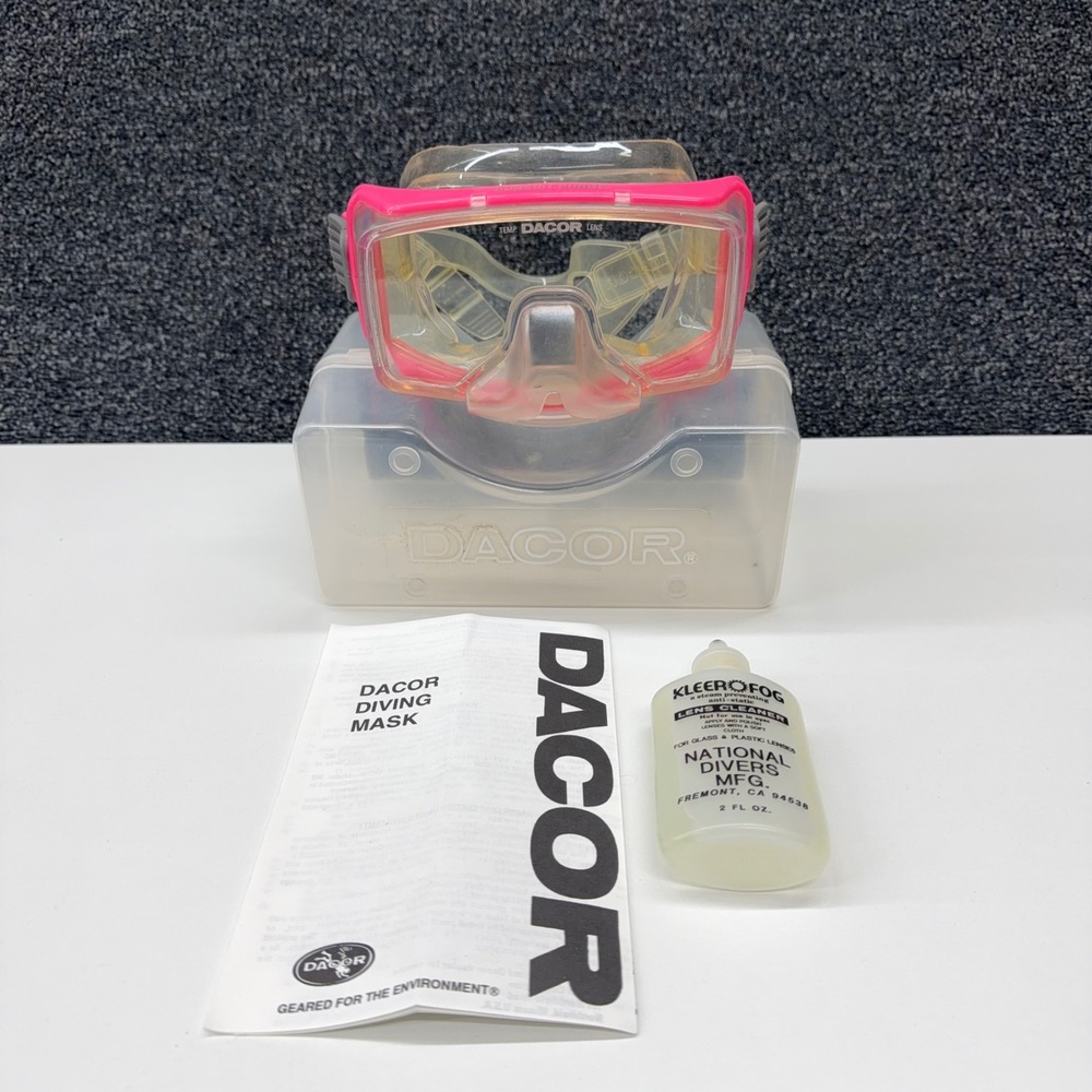 Dacor Pursuit Purge Diving Mask Pink Vintage Scuba Snorkel Case Manual Anti-Fog